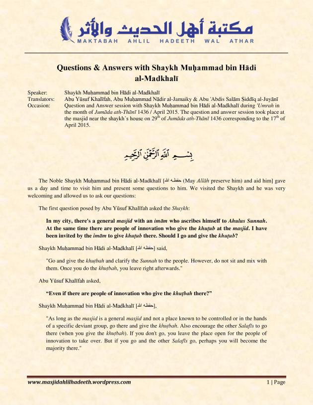 Q&A with Shaykh Muhammad ibn Hadi Al-Madkhali_Page 1