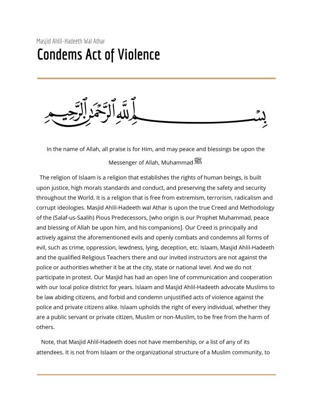 Masjid Ahlil Hadeeth Wal Athar Condemns Act of Violence_0001